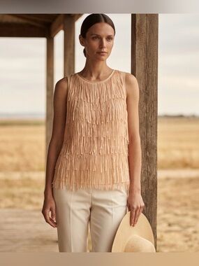 Mi Ami Fringed Sleeveless Cream Tank Top. Sz S
